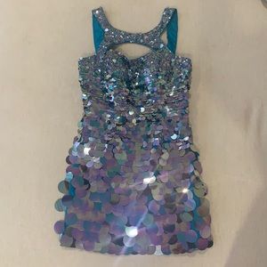 Sherri Hill blue holographic mini dress